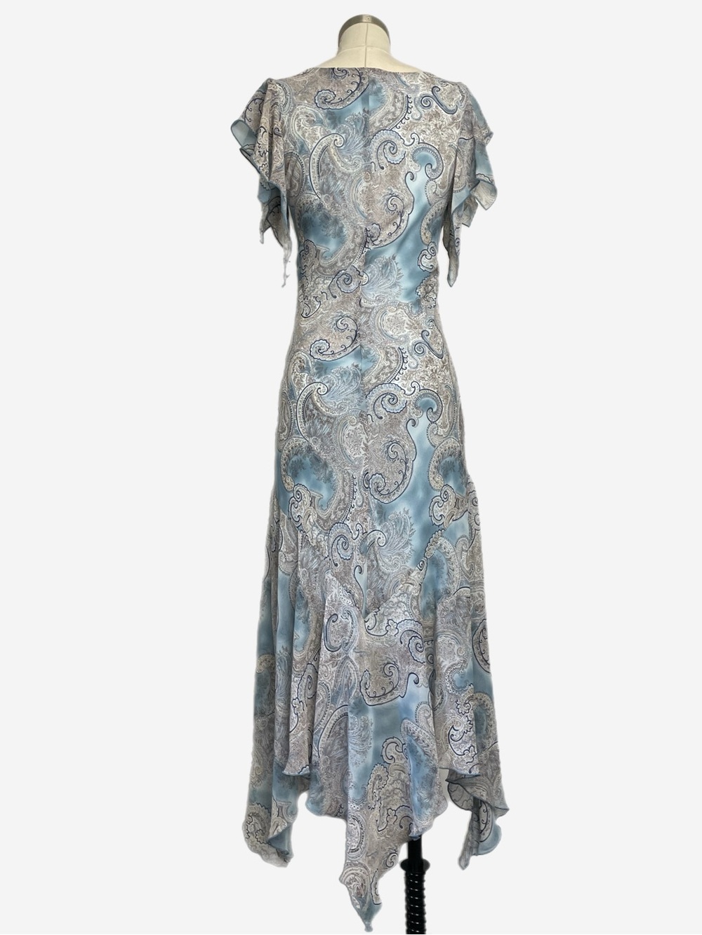 Vintage Y2K La Belle Blue paisley flutter sleeve asymmetric dress whimsical S - Picture 6 of 10
